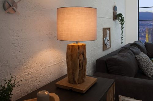 Stołowa lampa ROOTS 75cm szary abażur drewno tekowe