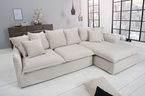 Duża sofa narożna HEAVEN 255 cm beżowa poduszki w zestawie
