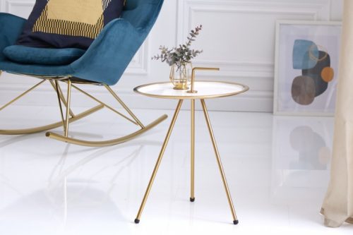 Elegancki stolik boczny biały SIMPLY CLEVER 42 cm złota rama styl RETRO