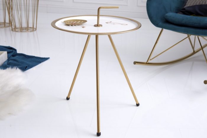 Elegancki stolik boczny biały SIMPLY CLEVER 42 cm złota rama styl RETRO