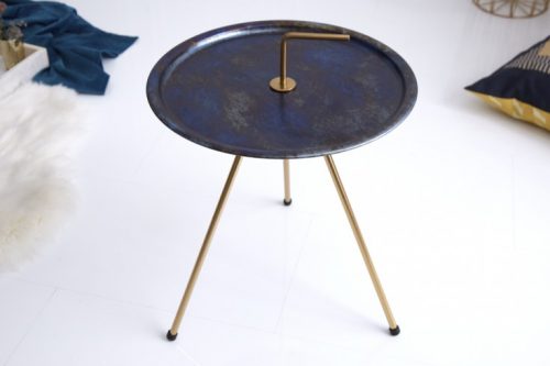 Elegancki stolik boczny niebieski SIMPLY CLEVER 42 cm złota rama styl RETRO