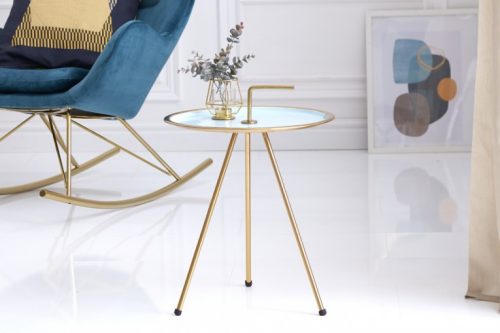 Elegancki stolik boczny Turkusowy SIMPLY CLEVER 42 cm złota rama styl RETRO