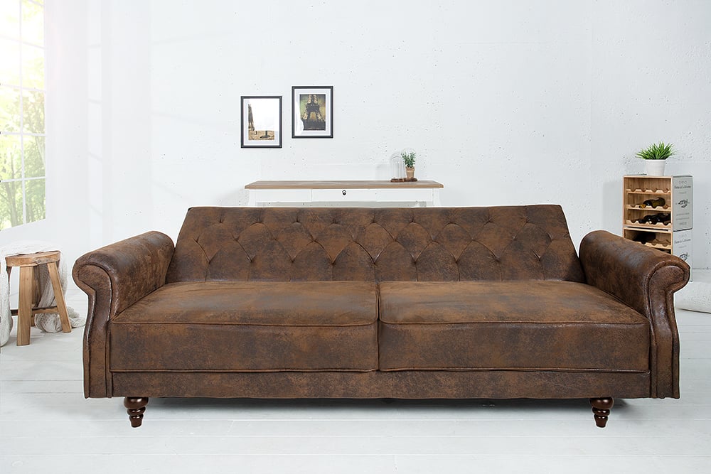 Sofa MAISON BELLE  220cm brązowy vintage z funkcją spania Chesterfield