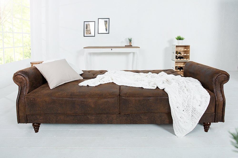 Sofa MAISON BELLE  220cm brązowy vintage z funkcją spania Chesterfield
