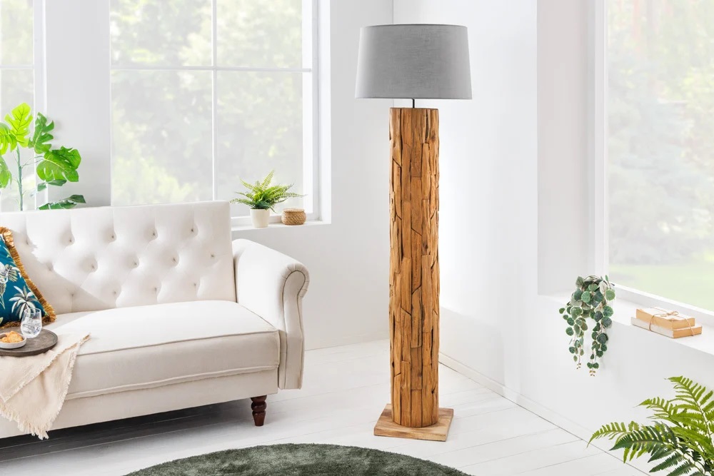 Lampa podłogowa ROOTS 170 cm szary klosz drewno tekowe