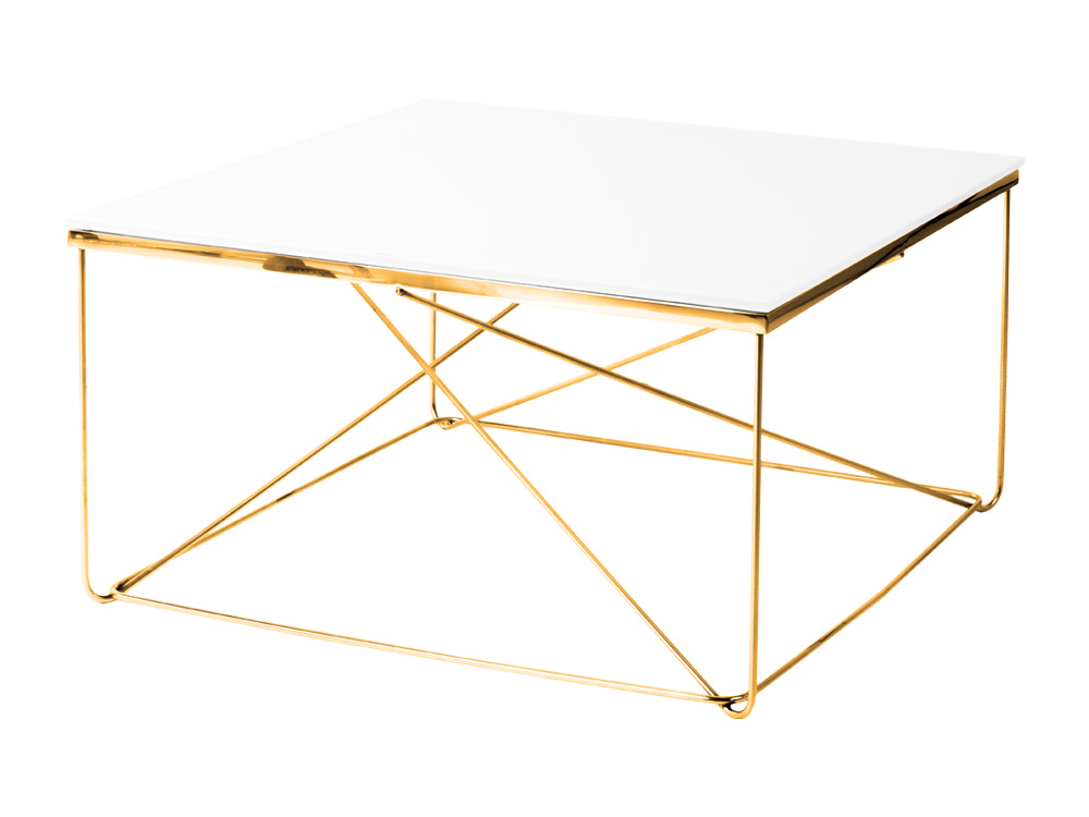 Złoty kwadratowy stolik kawowy białe szkło 80 cm