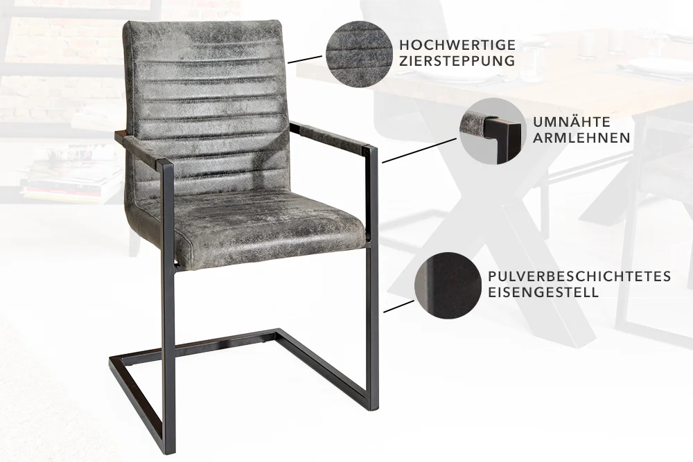 Krzesło  LOFT vintage szare na płozach z podłokietnikiem