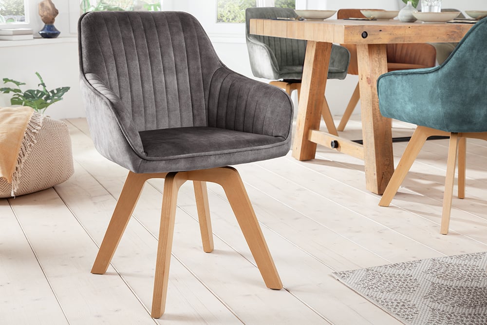 Krzesło obrotowe LIVORNO szare aksamitne nogi z drewna