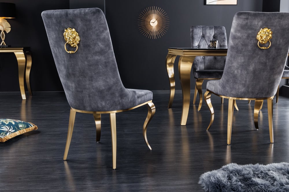 Krzesło MODERN BAROQUE szary aksamit ze złotą głową