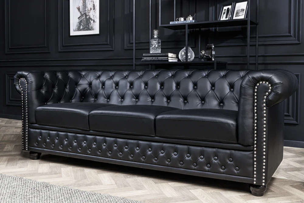 Sofa CHESTERFIELD 205 cm czarna ozdobne pikowania