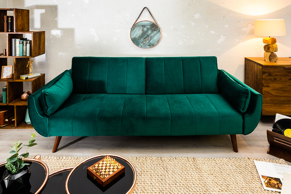 Sofa retro rozkładana DIVANI 220cm szmaragdowo-zielona aksamitna