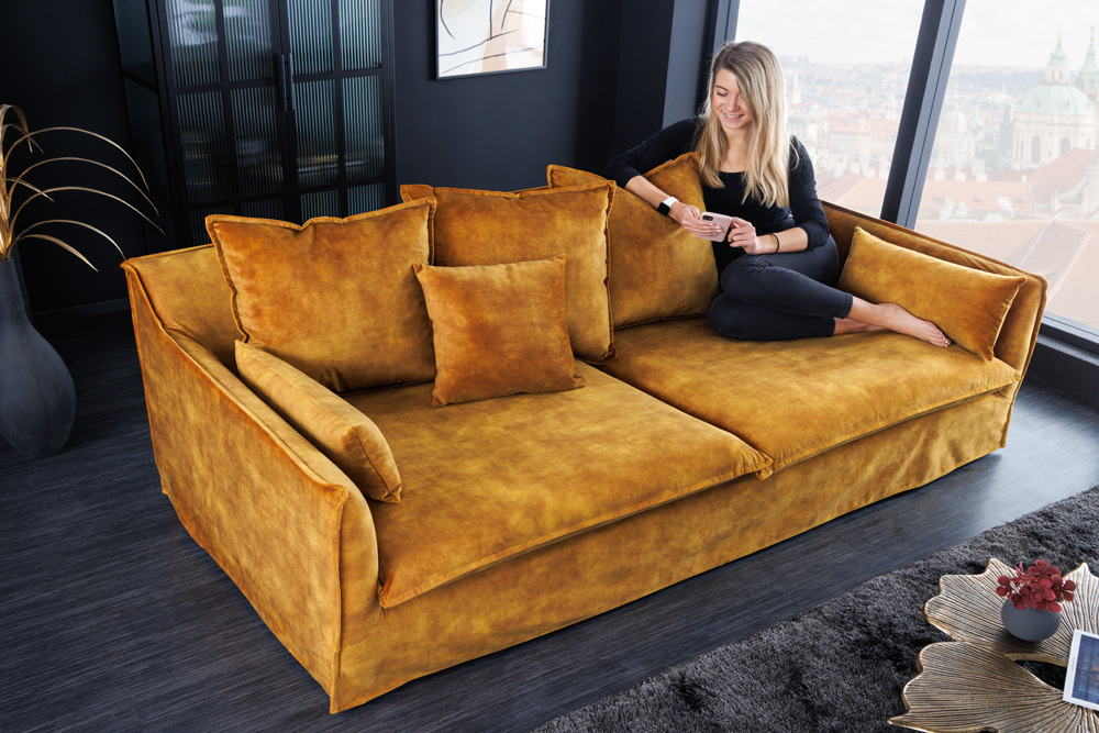 Duża 3-osobowa sofa HEAVEN 200cm musztardowo-żółty aksamitny