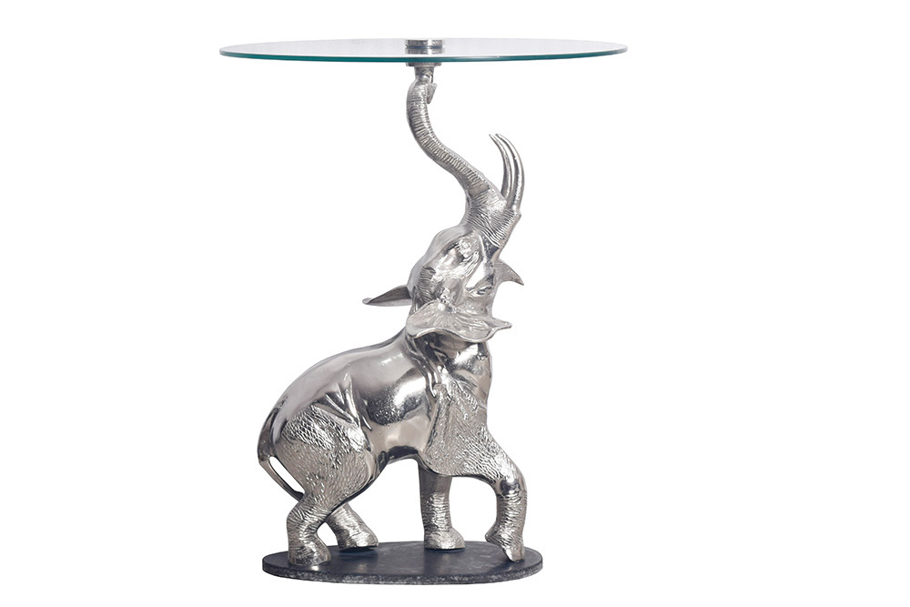 Stolik boczny ELEPHANT 60 cm srebrny słoń szklany blat